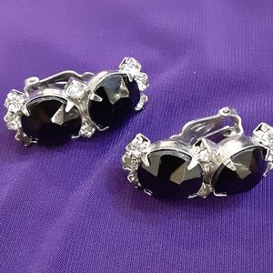 Vintage Clip On Black/Rhinestones Earrings